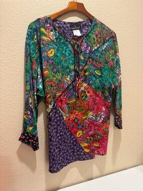 Carole Little Womens Multi Print Tunic Dress Bead Trim & Ruffle 80s Floral Sz10